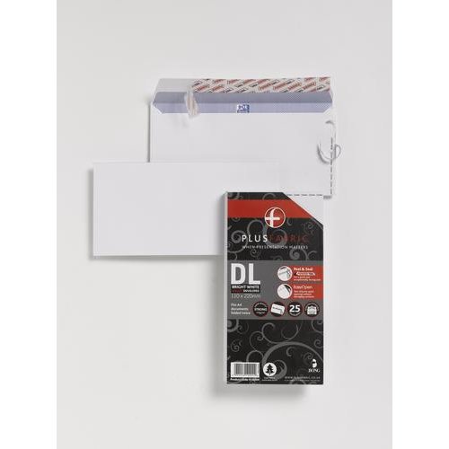 Plus Fabric Wallet Envelope DL Peel and Seal Plain Easy Open Power Tac 110gsm White (Pack 25) (61335BG)