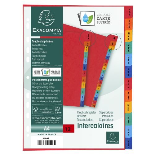 Exacompta Index Jan Dec A4 225gsm Pressboard Assorted Colours (67043EX)