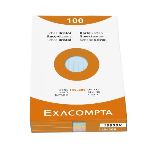 Exacompta Record Cards Ruled 200x125mm Assorted Colours (Pack 100) 13853X (67106EX)
