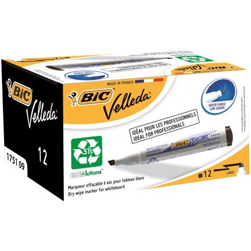 Bic Velleda Marker W/bd Dry wipe 1751 Large Chisel Tip 3.7 5.5mm Line Width Black (68506BC)