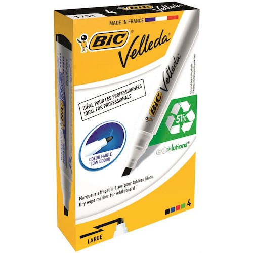 Bic Velleda Marker W/bd Dry wipe 1751 Large Chisel Tip 3.7 5.5mm Line Width Assorted (68513BC)