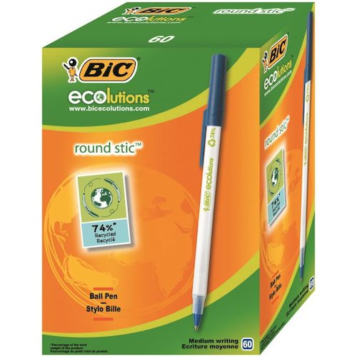 Bic Ecolutions Stic Ball Pen Recycled Slim 1.0mm Tip 0.32mm Line Blue (69066BC)