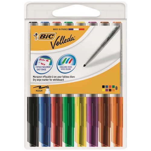 Bic Velleda Marker W/bd Dry wipe 1741 Fine Bullet Tip 1.4mm Line Wallet Assorted (69276BC)