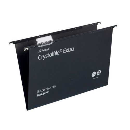 Rexel Crystalfile Extra Foolscap Suspension File Polypropylene 15mm V Base Black (Pack 25) 3000080 (71849AC)