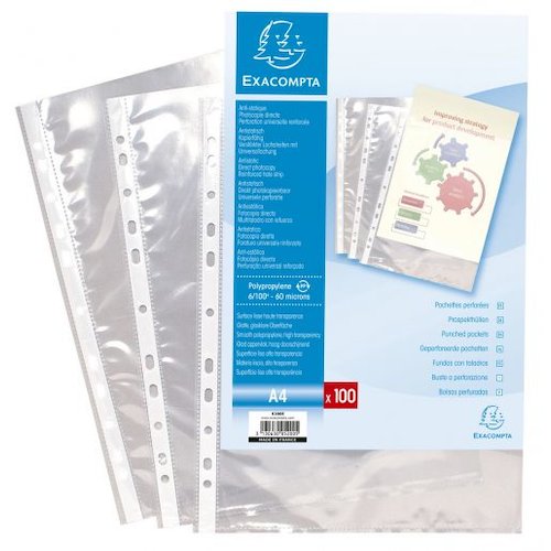 Exacompta Multi Punched Pocket Polypropylene A4 60 Micron Top Opening Clear (Pack 100) (74418EX)