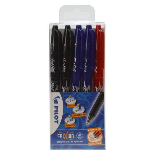 Pilot FriXion Ball Erasable Gel Rollerball Pen 0.7mm Tip 0.35mm Line 2 x Black/2 x Blue/1 x Red (Pack 5) (75811PT)