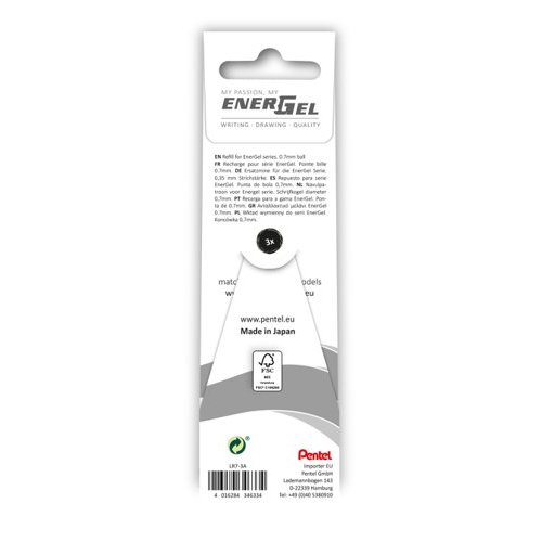 Pentel Refill for Pentel EnerGel Pen 0.7mm Black 3 Refills Per Wallet (Pack 12) LR7 3A (76301PE)