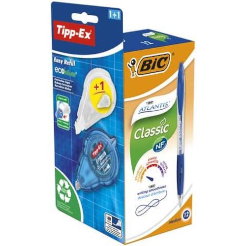 Bic Atlantis Retractable Ballpoint Pen 1mm Tip 0.32mm Line Blue with 1 x Free Tipp Ex Ecolutions Easy Refill Correction Tape (Pack 12) (78072BC)