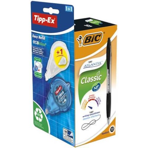 Bic Atlantis Retractable Ballpoint Pen 1mm Tip 0.32mm Line Black with 1 x Free Tipp Ex Ecolutions Easy Refill Correction Tape (Pack 12) (78079BC)