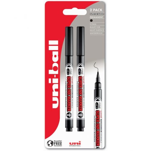 Uni Super Ink Permanent Marker Bullet Tip 0.9mm Line Black Plastic Free Packaging (Pack 2) (78282UB)