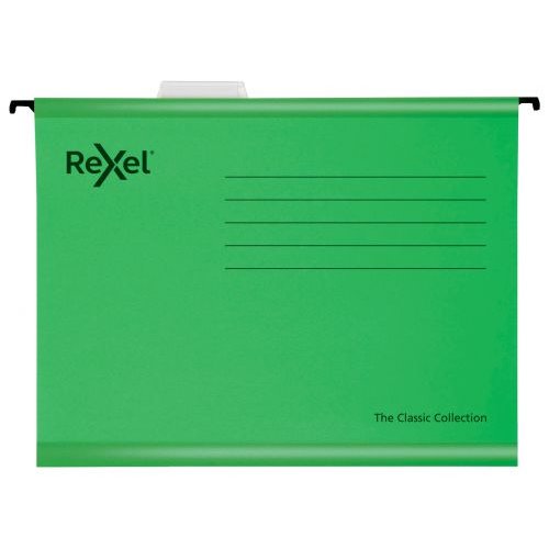 Rexel Classic Foolscap Suspension File Card 15mm V Base Green (Pack 25) 2115591 (78779AC)