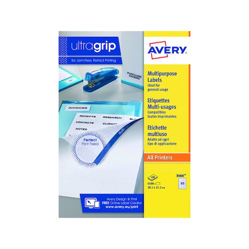 Avery Ultragrip Multipurpose Labels 38.1x21.2mm 65 Per Sheet White (6500 Pack) 3666 (AV00111)