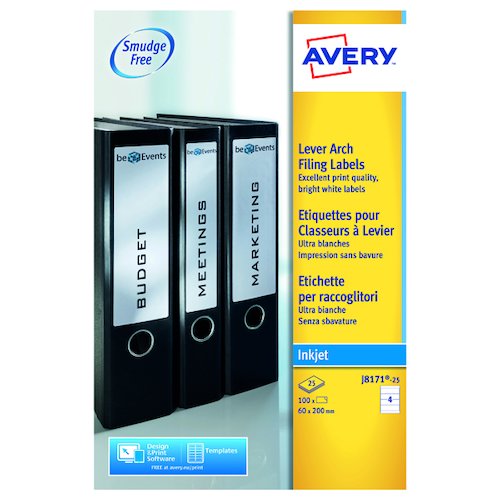 Avery Inkjet Lever Arch Filing Labels 200mmx60mm 4 Per Sheet White (100 Pack) J8171 25 (AV00205)