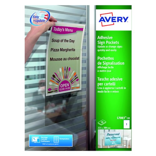 Avery Transparent Adhesive Sign Pockets A4 (10 Pack) L7083 10 (AV04848)