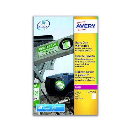Avery Laser Label Heavy Duty 209mmx294mm 1 Per Sheet White (20 Pack) L4775 20 (AV10529)