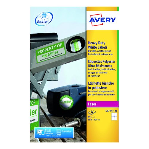 Avery Laser Label Heavy Duty 99x139mm 4 Per Sheet White (80 Pack) L4774 20 (AV10531)
