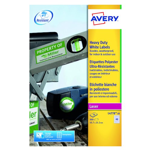 Avery Laser Label Heavy Duty 45.7x21.2mm 48 Per Sheet White (960 Pack) L4778 20 (AV10536)