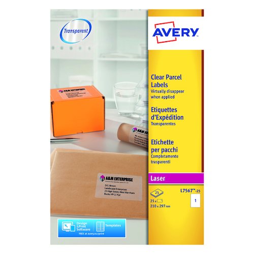 Avery Laser Parcel Label 210x297mm 1 Per Sheet Clear (25 Pack) L7567 25 (AV10627)