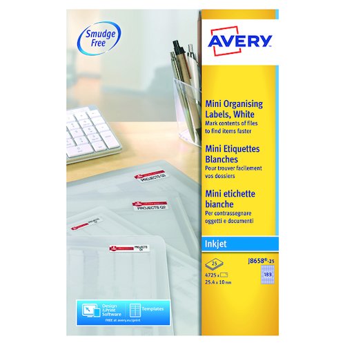 Avery Inkjet Mini Labels 25.4x10mm 189 Per Sheet White (4725 Pack) J8658 25 (AV10633)