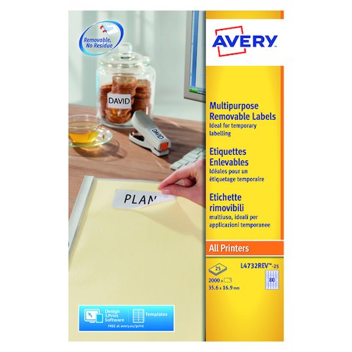 Avery Removable Labels 35.6x16.9mm 80 Per Sheet White (2000 Pack) L4732REV 25 (AV10636)