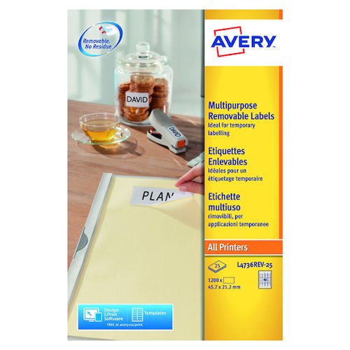 Avery Removable Labels 45.7x21.1mm 48 Per Sheet White (1200 Pack) L4736REV 25 (AV10637)