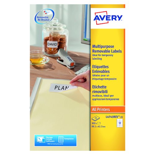 Avery Removable Labels 99.1x42.3mm 12 Per Sheet White (300 Pack) L4743REV 25 (AV10639)