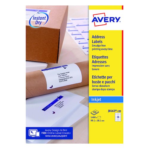 Avery Inkjet Address Labels QuickDRY 99.1x38.1mm 14 Per Sheet White (1400 Pack) J8163 100 (AV17631)