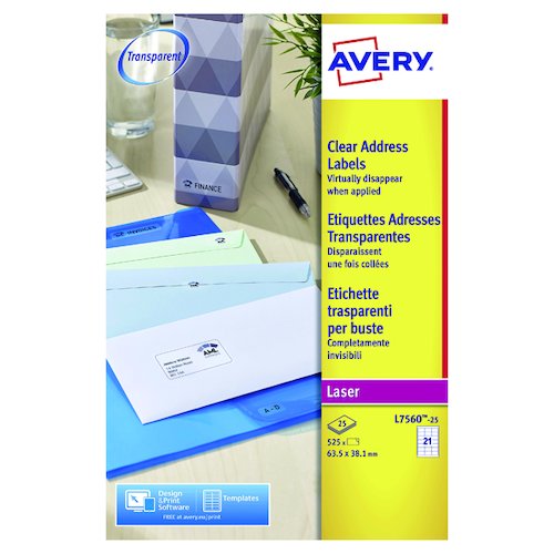 Avery Laser Address Labels 63.5x38.1 21 Per Sheet Clear (525 Pack) L7560 25 (AV17776)