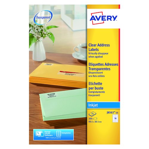 Avery Inkjet Labels 99x38mm 14 Per Sheet Clear (350 Pack) J8563 25 (AV17847)