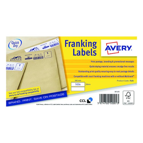 Avery Franking Label QuickDRY 140x38mm 2 Per Sheet White (1000 Pack) FL01 (AV52001)