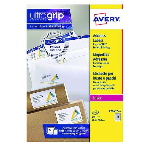 Avery Ultragrip Laser Address Labels QuickPEEL 99.1x38.1mm 14 Per Sheet White (560 Pack) L7163 40 (AV7163)
