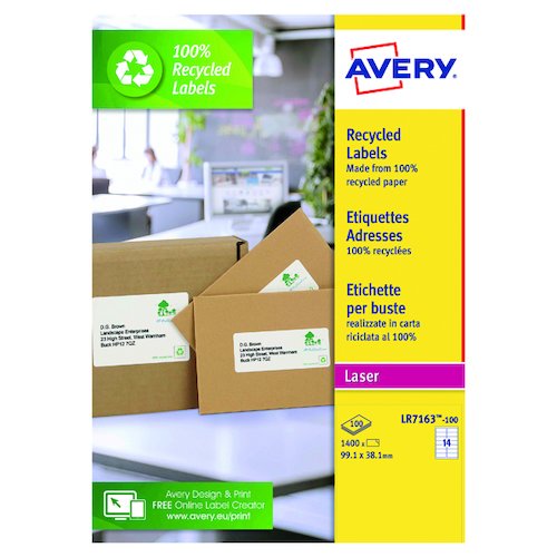 Avery Laser Address Labels Recycled 99.1 x 38.1mm 14 Per Sheet White (1400 Pack) LR7163 100 (AV81507)