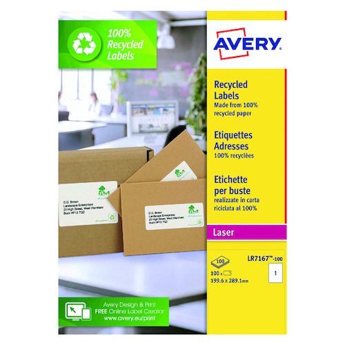Avery Laser Parcel Labels Recycled 199.6x289.1mm 1 Per Sheet White (100 Pack) LR7167 100 (AV81509)