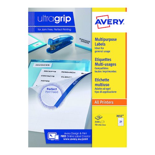 Avery Ultragrip Multipurpose Labels 70x42.3mm 21 Per Sheet White (2100 Pack) 3652 (AV81521)