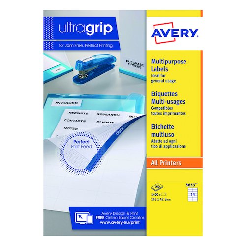Avery Ultragrip Multipurpose Labels 105x42.3mm 14 Per Sheet White (1400 Pack) 3653 (AV81523)