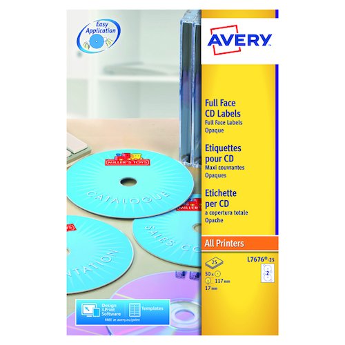 Avery White Full Face CD DVD Laser Label 2 Per Sheet (50 Pack) L7676 25 (AV98785)