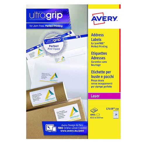 Avery Ultragrip Laser Address Labels QuickPEEL 63.5x33.9mm 24 Per Sheet White (6000 Pack) L7159 250 (AV98881)