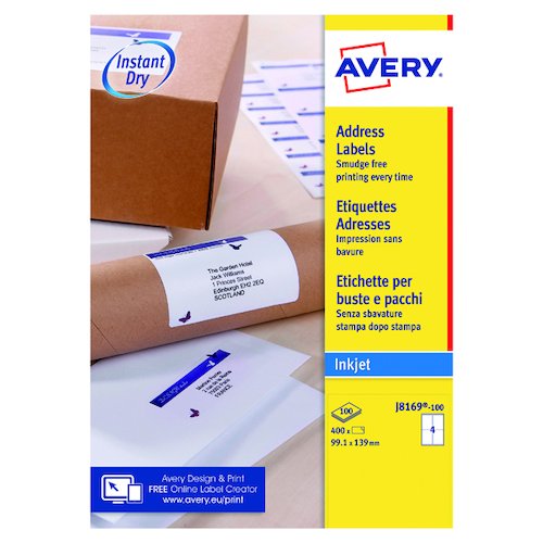 Avery Inkjet Parcel Labels QuickDRY 139 x 99.1mm 4 Per Sheet White (400 Pack) J8169 100 (AV98977)