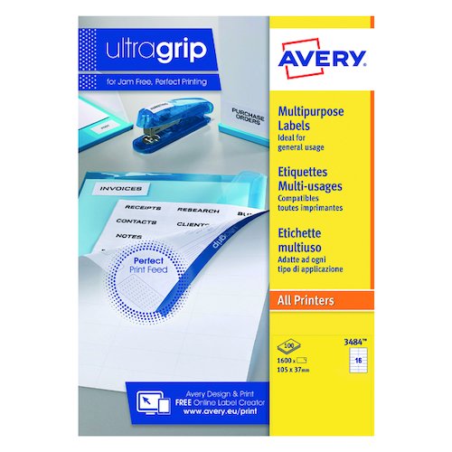 Avery Ultragrip Multipurpose Labels 105x37mm 16 Per Sheet White (1600 Pack) 3484 (AVDPS16W)