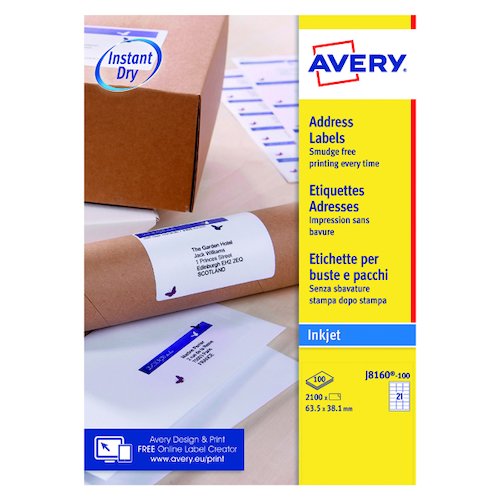 Avery Inkjet Address Labels QuickDRY 63.5x38.1mm 21 Per Sheet White (2100 Pack) J8160 100 (AVJ8160)