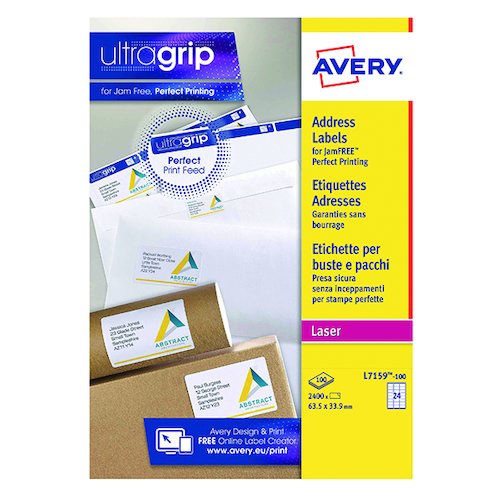 Avery Ultragrip Laser Address Labels QuickPEEL 63.5x33.9mm 24 Per Sheet White (2400 Pack) L7159 100 (AVL7159)