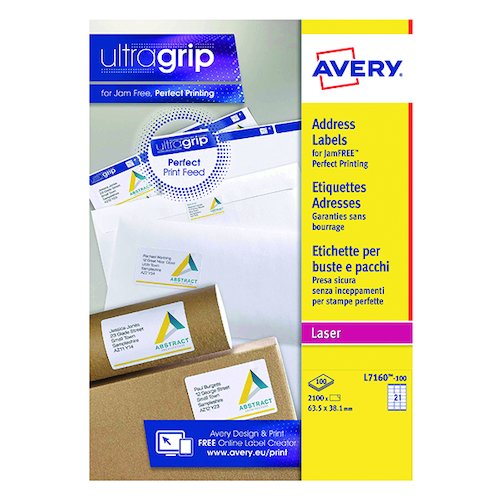 Avery Ultragrip Laser Address Labels QuickPEEL 63.5x38.1mm 21 Per Sheet White (2100 Pack) L7160 100 (AVL7160)