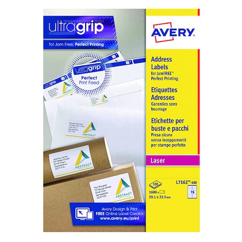 Avery Ultragrip Laser Address Labels QuickPEEL 99.1x33.9mm 16 Per Sheet White (1600 Pack) L7162 100 (AVL7162)
