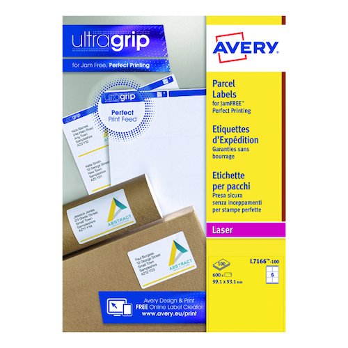 Avery Ultragrip Laser Parcel Labels 99.1x93.1mm 6 Per Sheet White (600 Pack) L7166 100 (AVL7166)