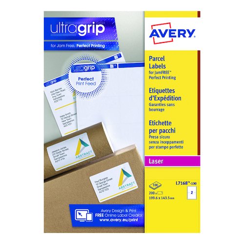 Avery Ultragrip Laser Parcel Labels 199.6x143.5mm 2 Per Sheet White (200 Pack) L7168 100 (AVL7168)