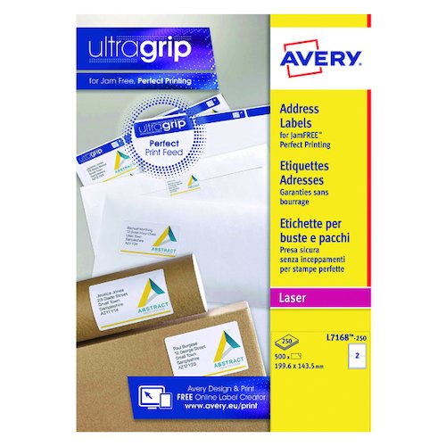 Avery Ultragrip Laser Parcel Labels 199.6x143.5mm 2 Per Sheet White (500 Pack) L7168 250 (AVL7168E)