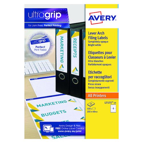 Avery Laser and Inkjet Lever Arch Filing Labels 200x60mm 4 Per Sheet White (100 Pack) L7171 25 (AVL7171)