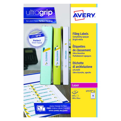 Avery Laser Ring Binder Label 100mmx30mm 18 Per Sheet White (450 Pack) L7172 (AVL7172)
