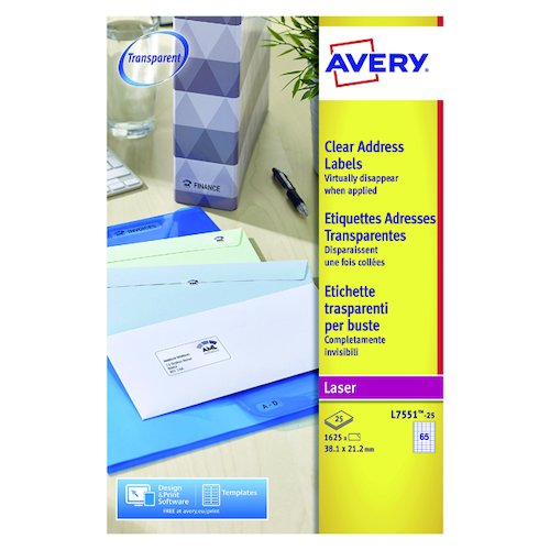 Avery Laser Mini Labels 38x21mm 65 Per Sheet Clear (1625 Pack) L7551 25 (AVL7551)
