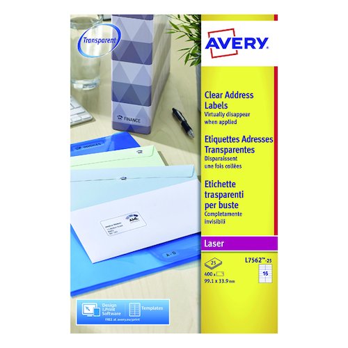 Avery Clear Laser Labels 99x34mm (400 Pack) L7562 25 (AVL7562S)